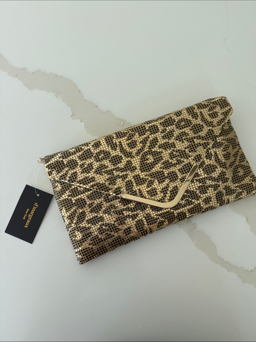 Leopard-Print Metallic Envelope Clutch with Gold V Trim